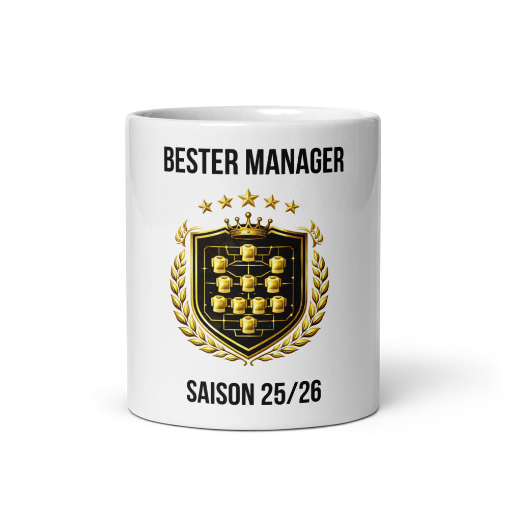 Bester Manager Saison 25/26 Tasse mit goldenem Kader-Wappen und Lorbeerkranz – Vorderansicht