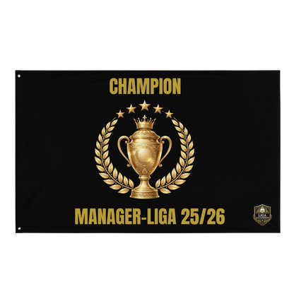 Champion Manager-Liga 25/26 Fahne in Schwarz mit goldenem Pokal-Design – Frontansicht