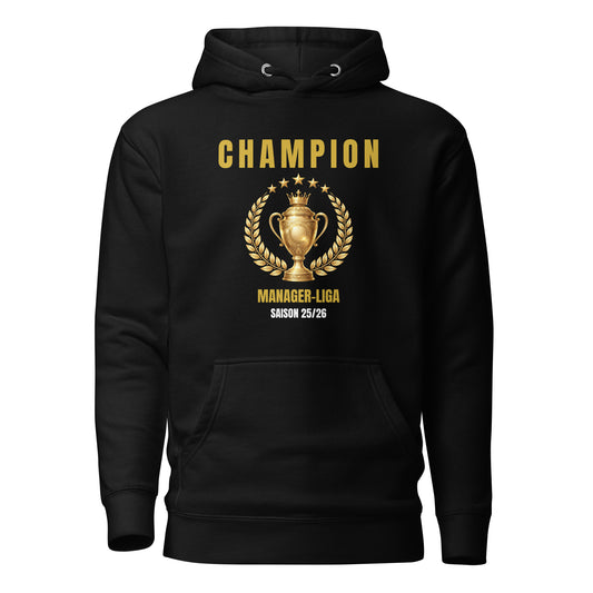 Champion Manager-Liga Saison 25/26 Hoodie in Schwarz mit goldenem Pokal-Design – Vorderansicht