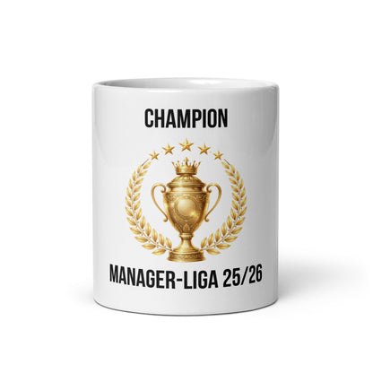Champion Manager-Liga 25/26 Tasse mit goldenem Pokal und Lorbeerkranz – Vorderansicht