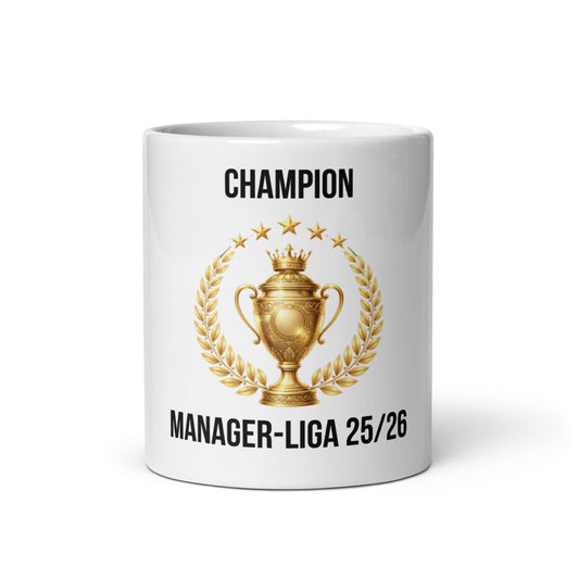 Champion Manager-Liga 25/26 Tasse mit goldenem Pokal und Lorbeerkranz – Vorderansicht