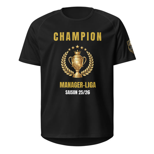 Schwarzes Sport-Trikot mit goldenem Champion-Pokal-Emblem, Lorbeerkranz und Aufschrift Champion Manager-Liga Saison 25/26
