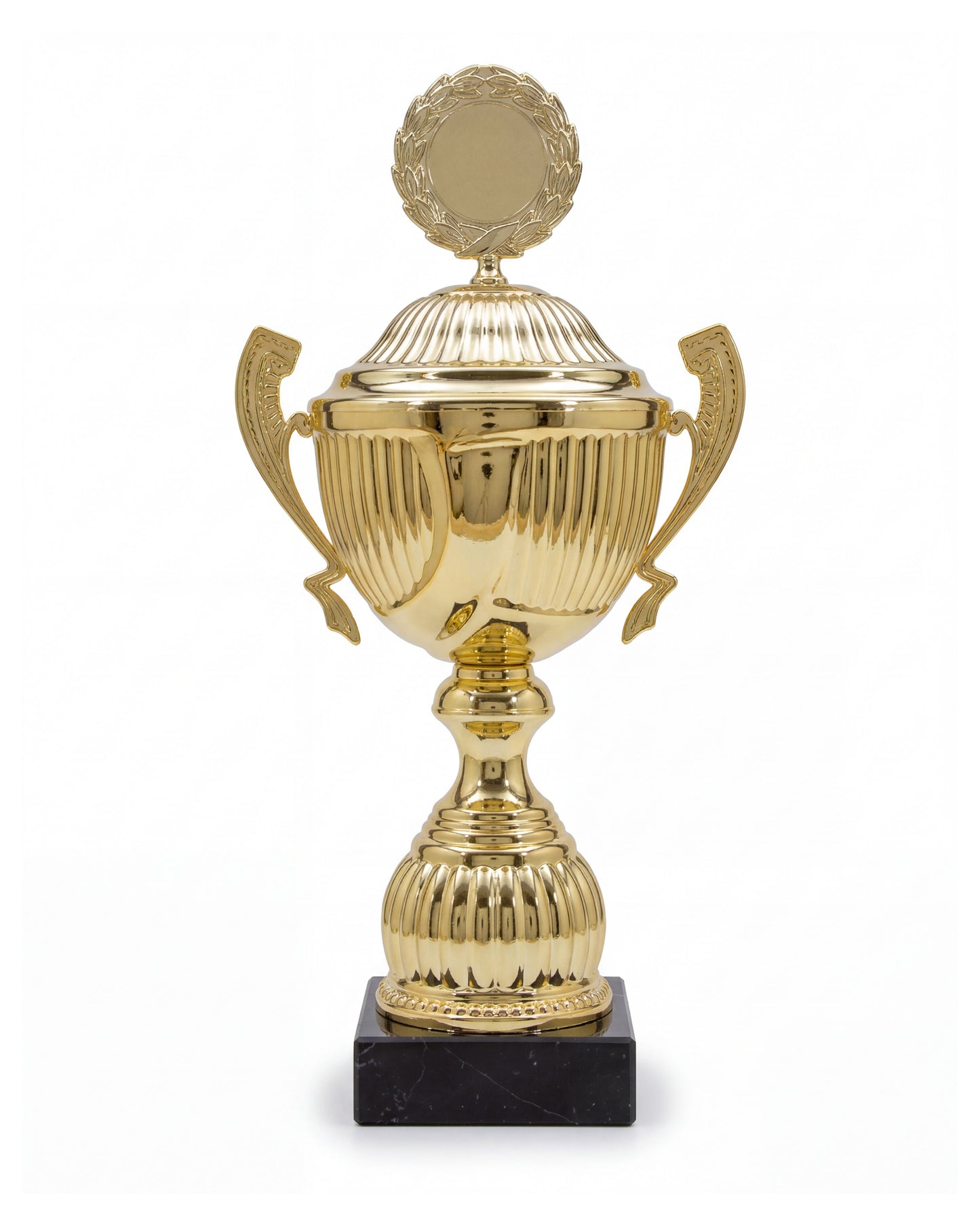 Meisterpokal Premium Gold von Liga Legenden – goldener Henkelpokal mit Marmorsockel, ca. 40 cm hoch, Frontalansicht auf weißem Hintergrund