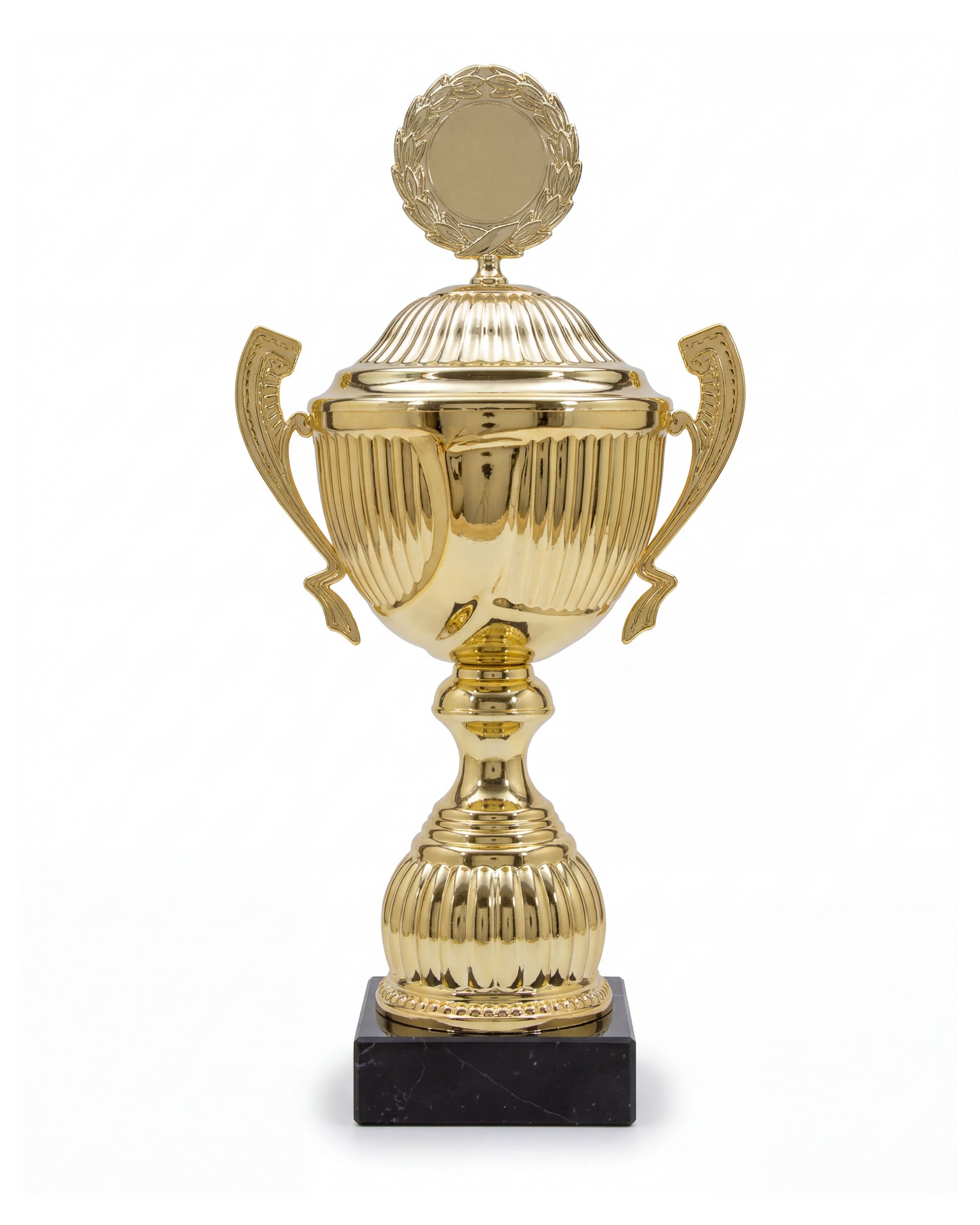 Meisterpokal Premium Gold von Liga Legenden – goldener Henkelpokal mit Marmorsockel, ca. 40 cm hoch, Frontalansicht auf weißem Hintergrund