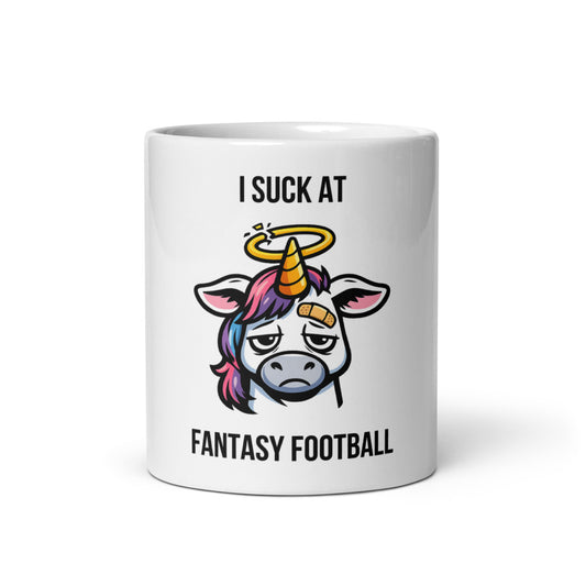 Fantasy Football Einhorn Tasse mit I suck at Fantasy Football Schriftzug – Frontansicht auf weißer Keramiktasse