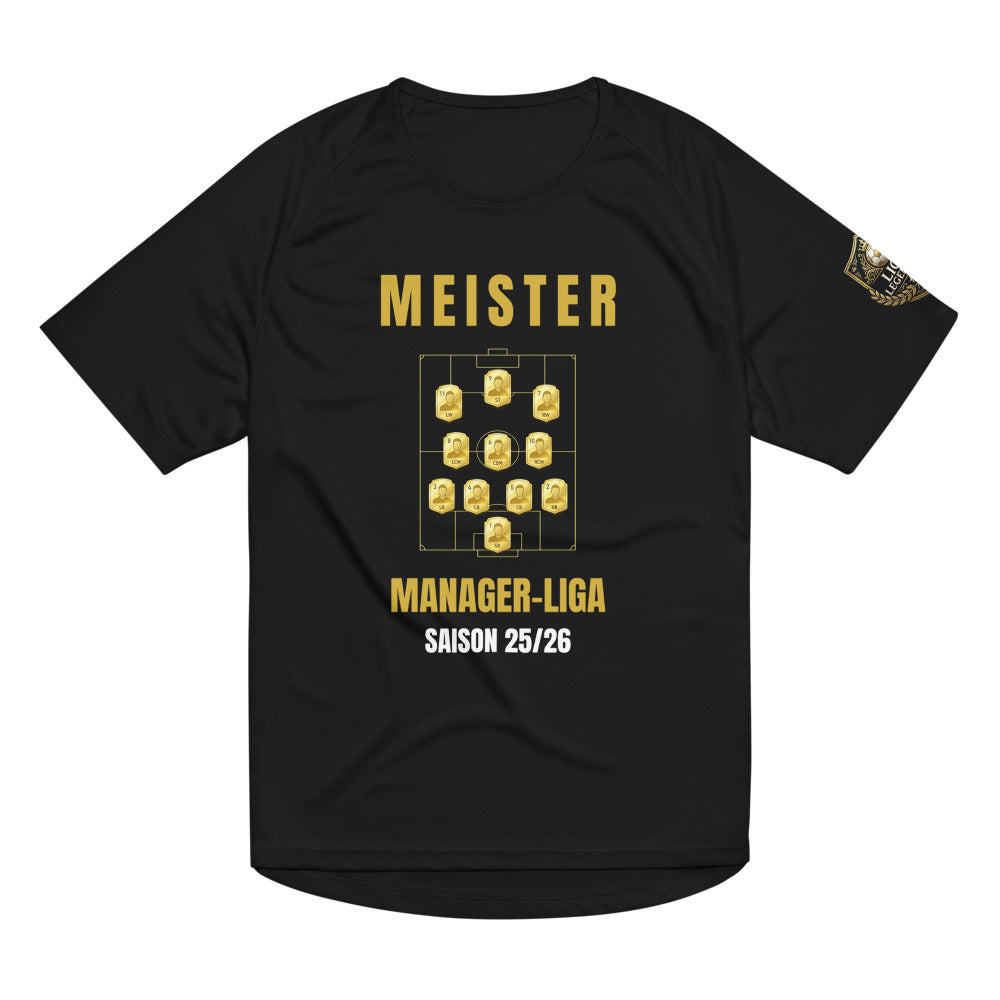 Schwarzes Sport-Trikot mit goldener Aufstellungsgrafik im Spielerkarten-Stil, Aufschrift Meister Manager-Liga Saison 25/26