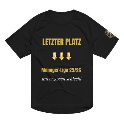Schwarzes Fantasy Football Straftrikot für den letzten Platz – Vorderansicht mit goldenem Letzter Platz Schriftzug und Abstiegspfeilen