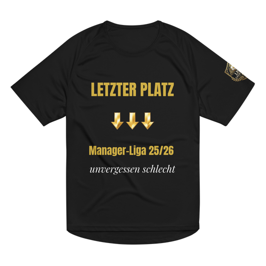 Schwarzes Fantasy Football Straftrikot für den letzten Platz – Vorderansicht mit goldenem Letzter Platz Schriftzug und Abstiegspfeilen