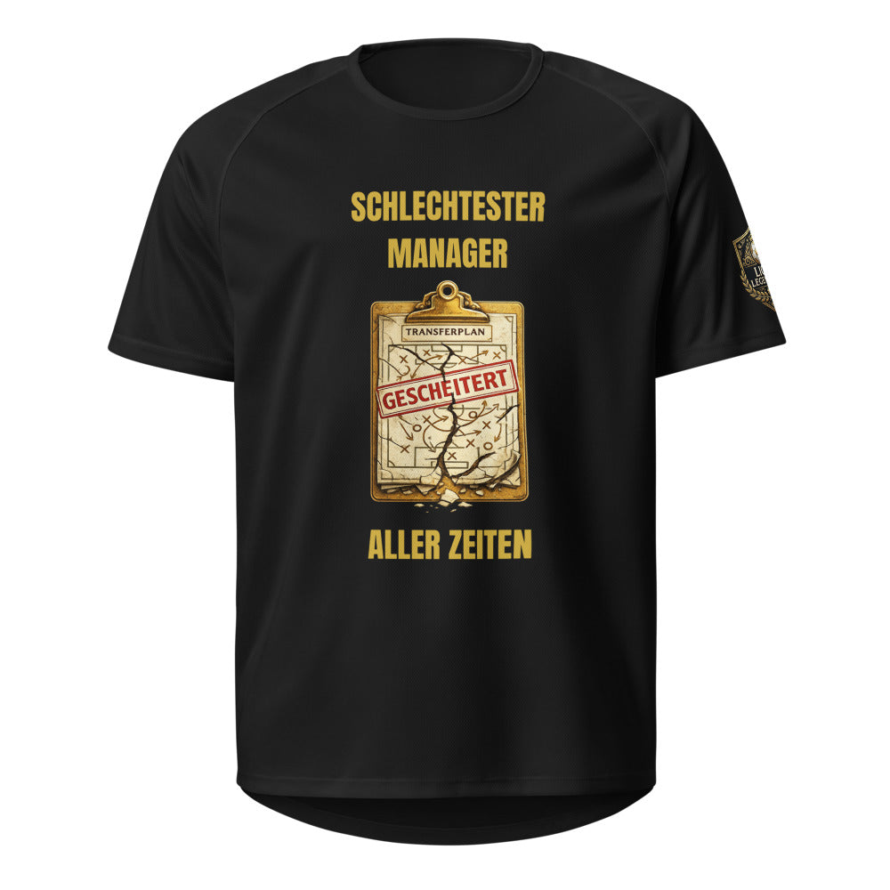 Fantasy Football Straftrikot Schlechtester Manager aller Zeiten mit gescheitertem Transferplan-Motiv – Vorderansicht