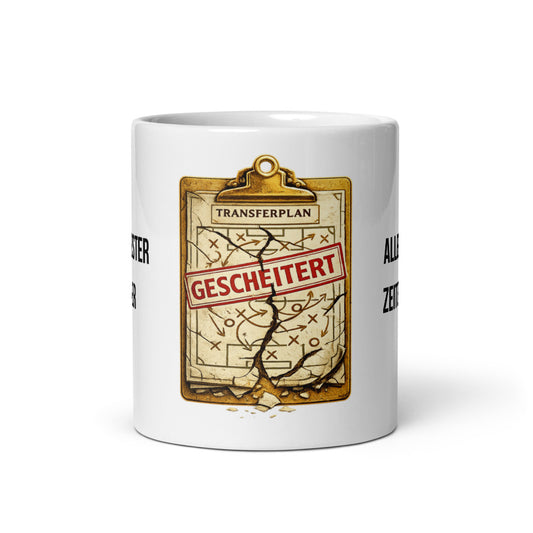 Fantasy Football Tasse Schlechtester Manager aller Zeiten mit gescheitertem Transferplan-Motiv – Frontansicht