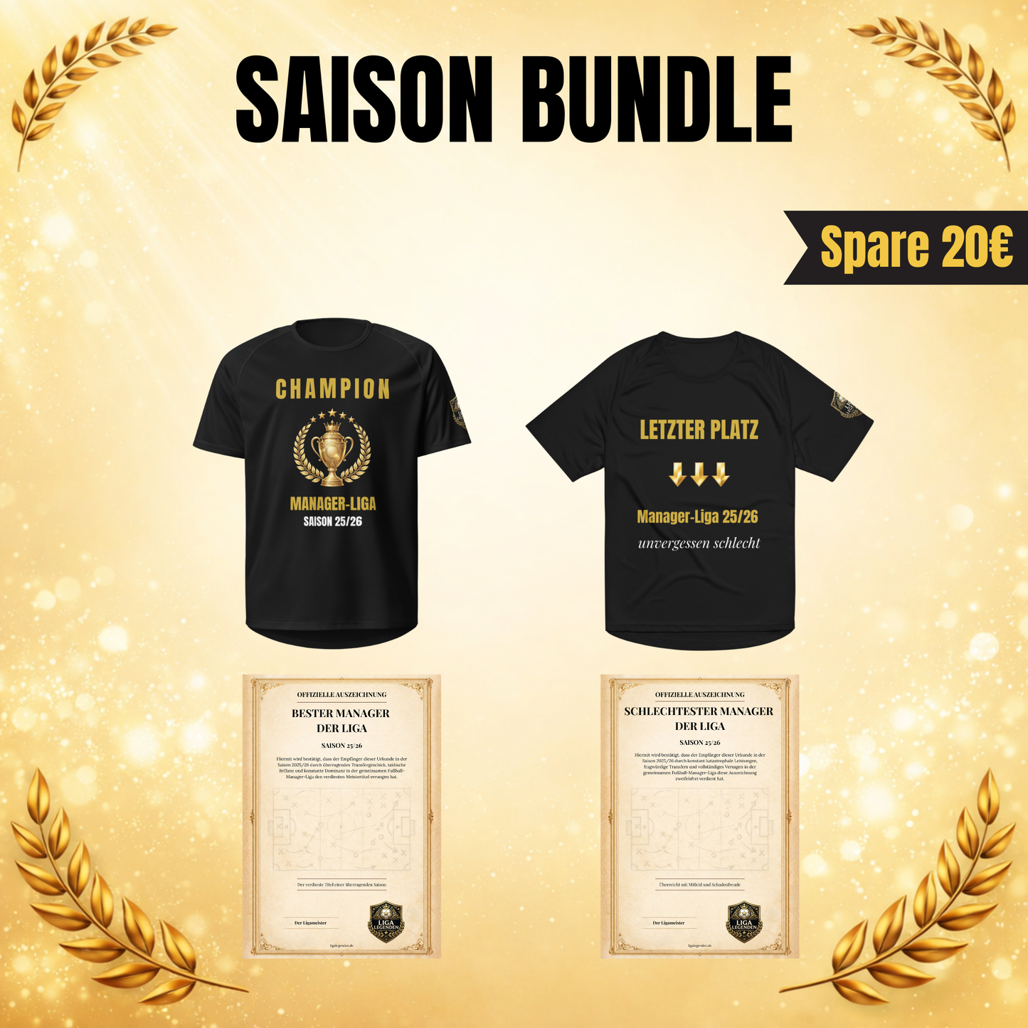 Saison-Bundle mit Champion Trikot, Letzter Platz Straftrikot, Meister-Urkunde und Schlechtester Manager Urkunde auf goldenem Hintergrund