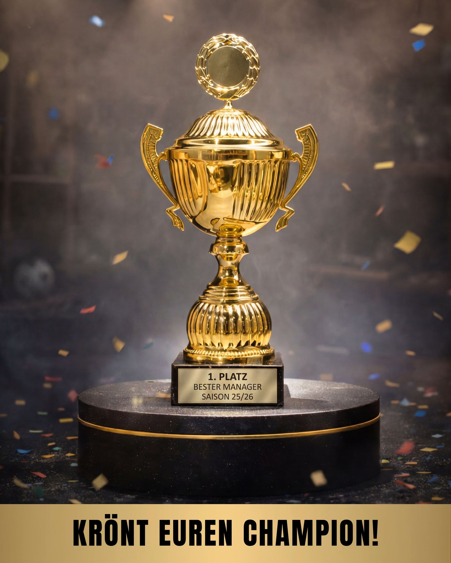Goldener Fantasy Football Meisterpokal mit Gravurschild 1. Platz Bester Manager Saison 25/26 auf schwarzem Podest mit Konfetti
