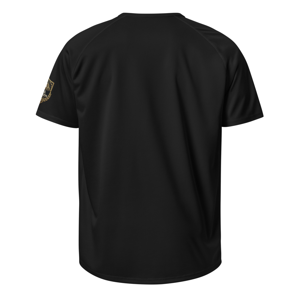 Fantasy Football Einhorn Straftrikot Rückseite – schwarzes Sport-Trikot mit Liga Legenden Badge am Ärmel