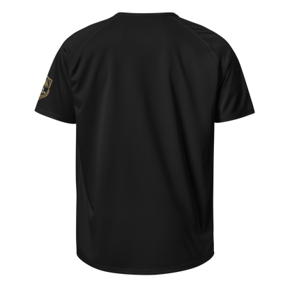 Fantasy Football Einhorn Straftrikot Rückseite – schwarzes Sport-Trikot mit Liga Legenden Badge am Ärmel