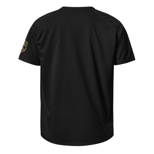 Fantasy Football Einhorn Straftrikot Rückseite – schwarzes Sport-Trikot mit Liga Legenden Badge am Ärmel