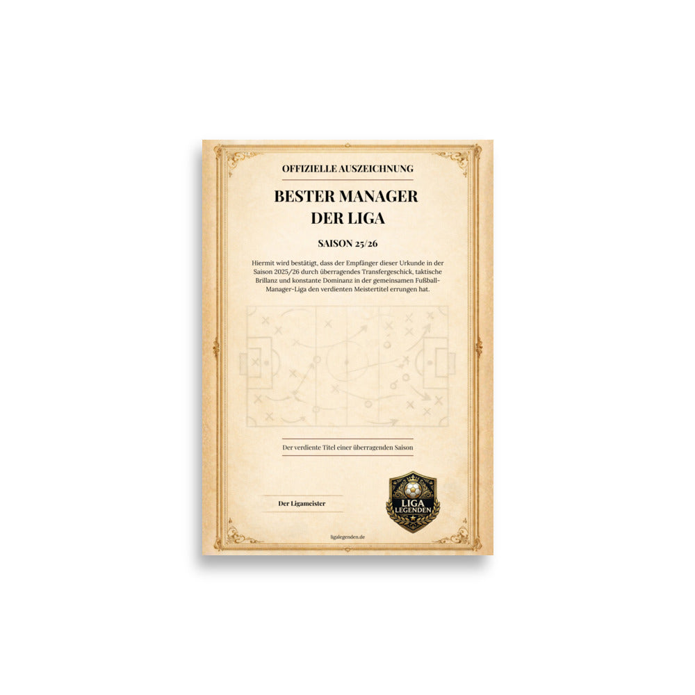 Offizielle Auszeichnung Bester Manager der Liga mit Taktiktafel-Grafik und Liga Legenden Siegel auf Pergament-Design