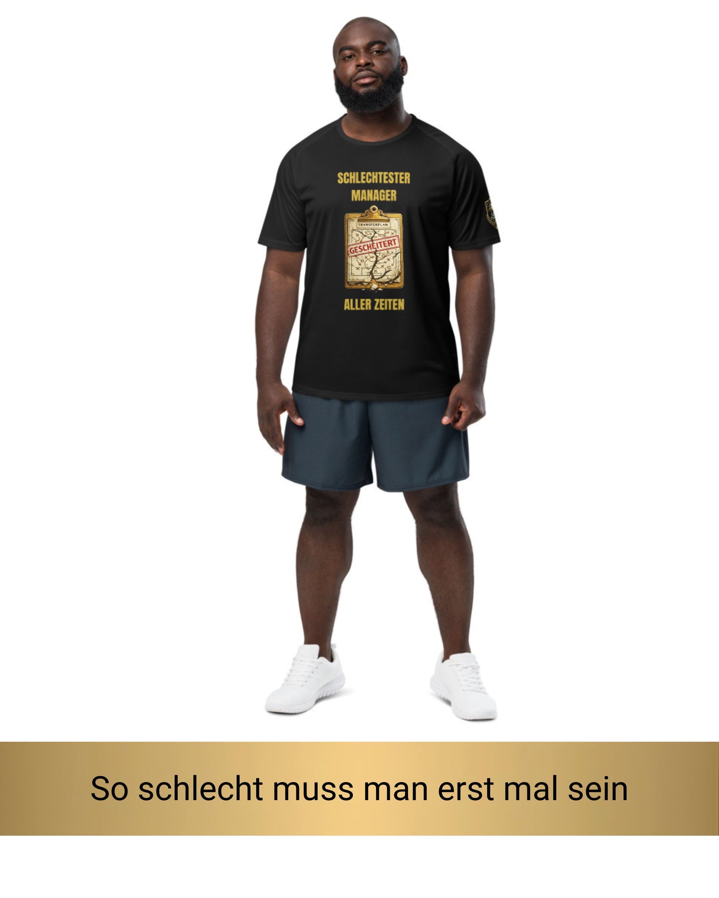 Mann trägt schwarzes Fantasy Football Straftrikot Schlechtester Manager aller Zeiten – Vorderansicht