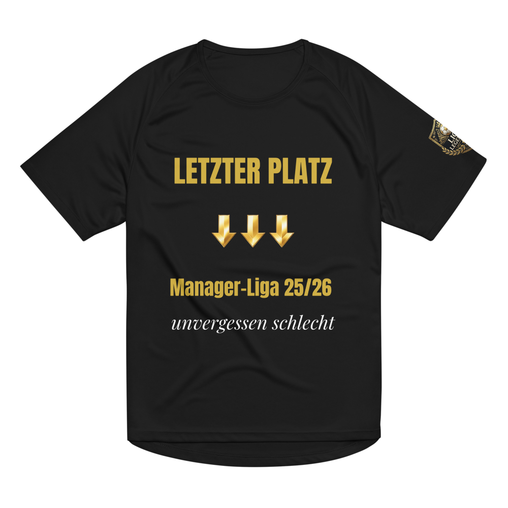 Schwarzes Fantasy Football Straftrikot mit goldenem Letzter Platz Schriftzug, Abstiegspfeilen und unvergessen schlecht Slogan