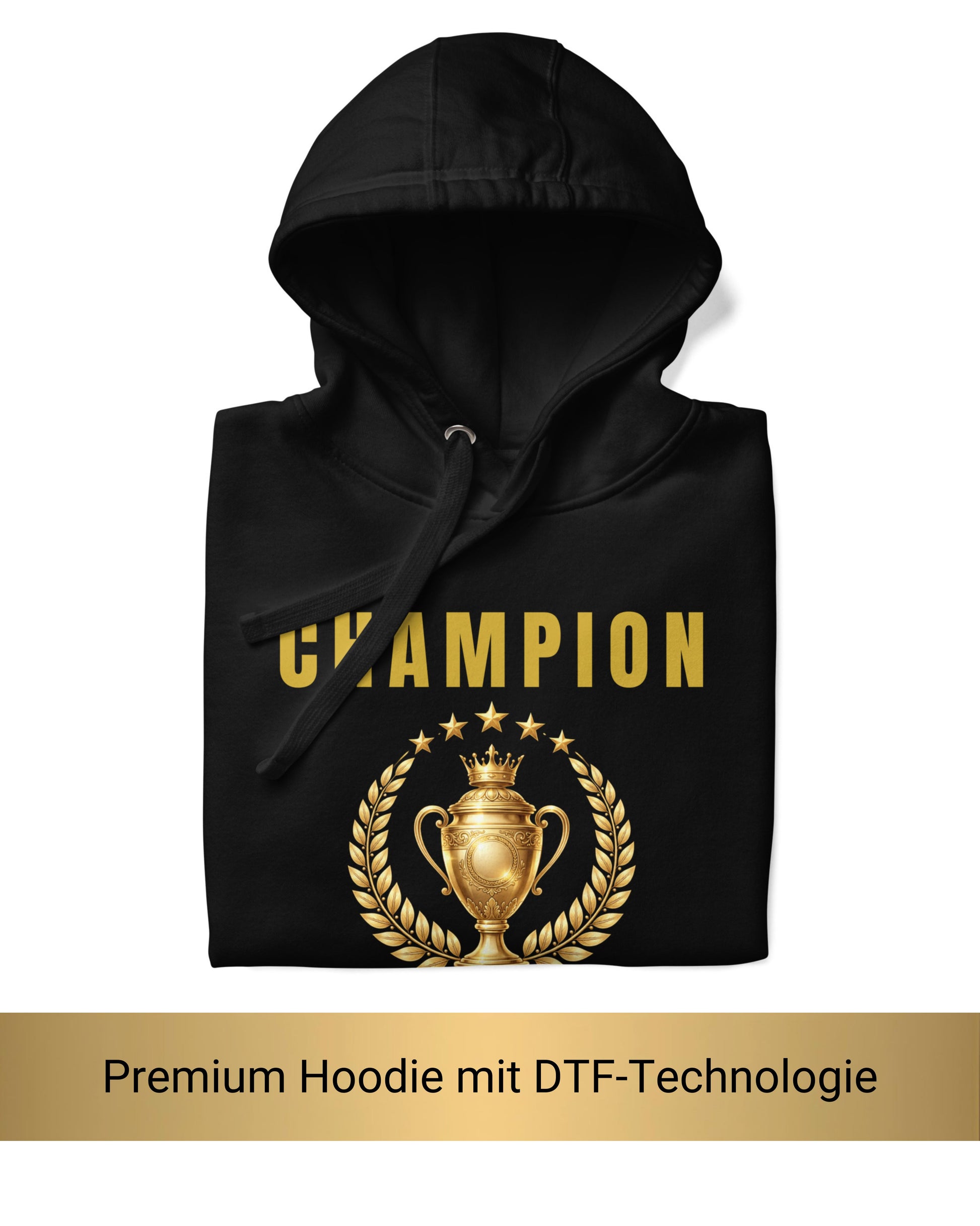 Zusammengefalteter schwarzer Champion Hoodie mit goldenem DTF-Premium-Druck – Detailansicht