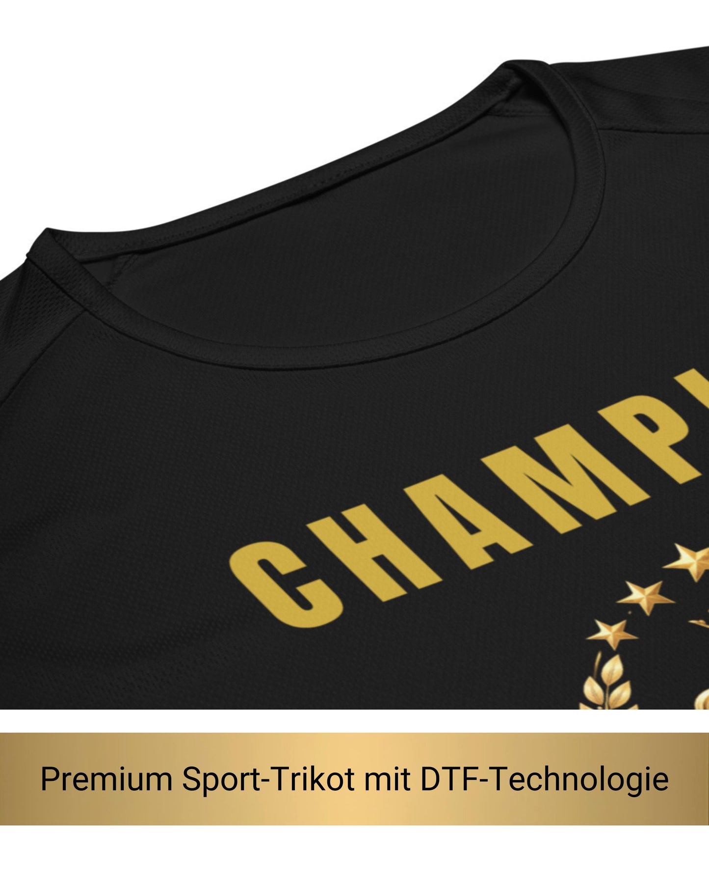 Nahaufnahme des schwarzen Sport-Trikots zeigt atmungsaktives Mesh-Material und goldenen DTF-Druck, USP-Zeile Premium Sport-Trikot mit DTF-Technologie