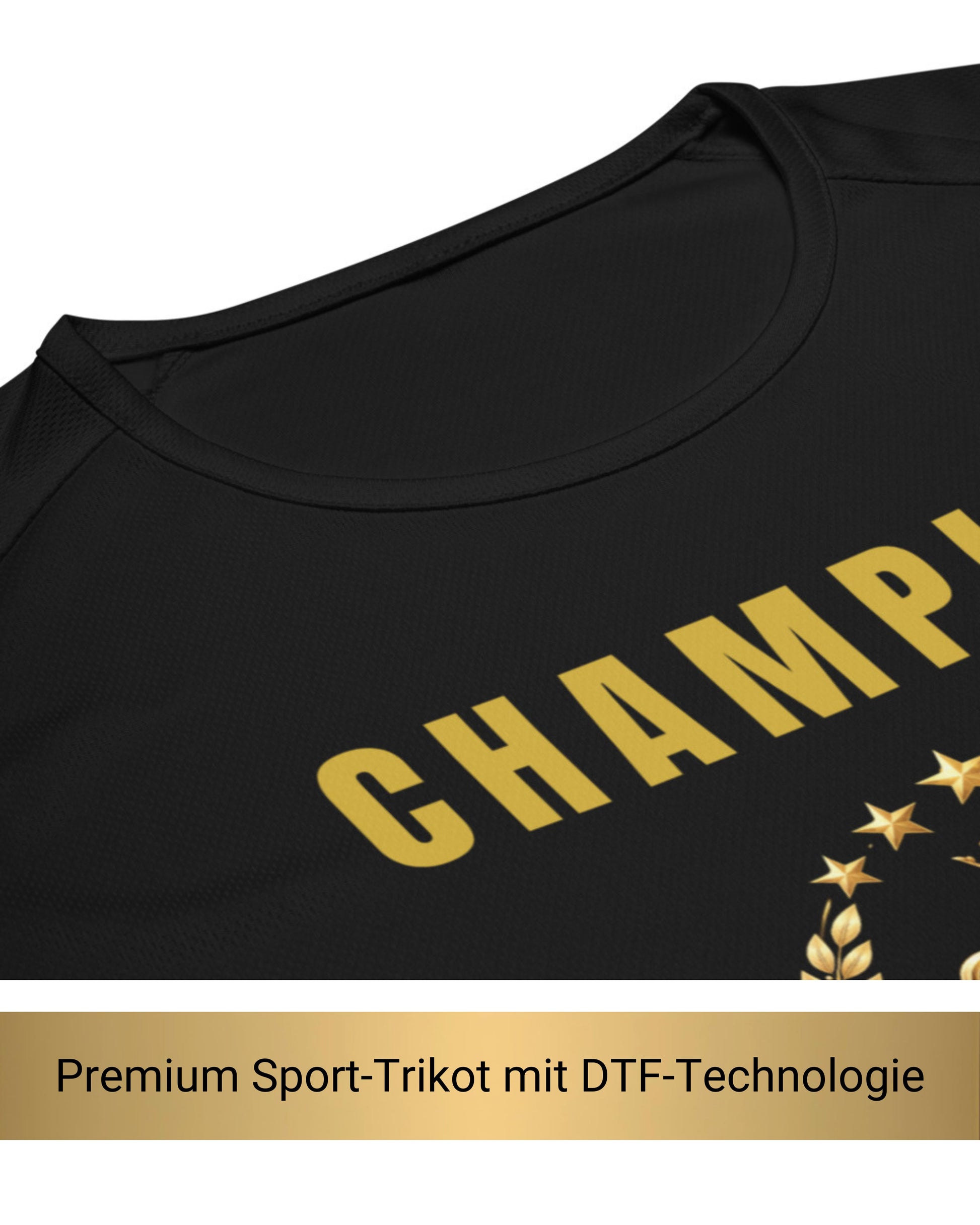 Nahaufnahme des schwarzen Sport-Trikots zeigt atmungsaktives Mesh-Material und goldenen DTF-Druck, USP-Zeile Premium Sport-Trikot mit DTF-Technologie