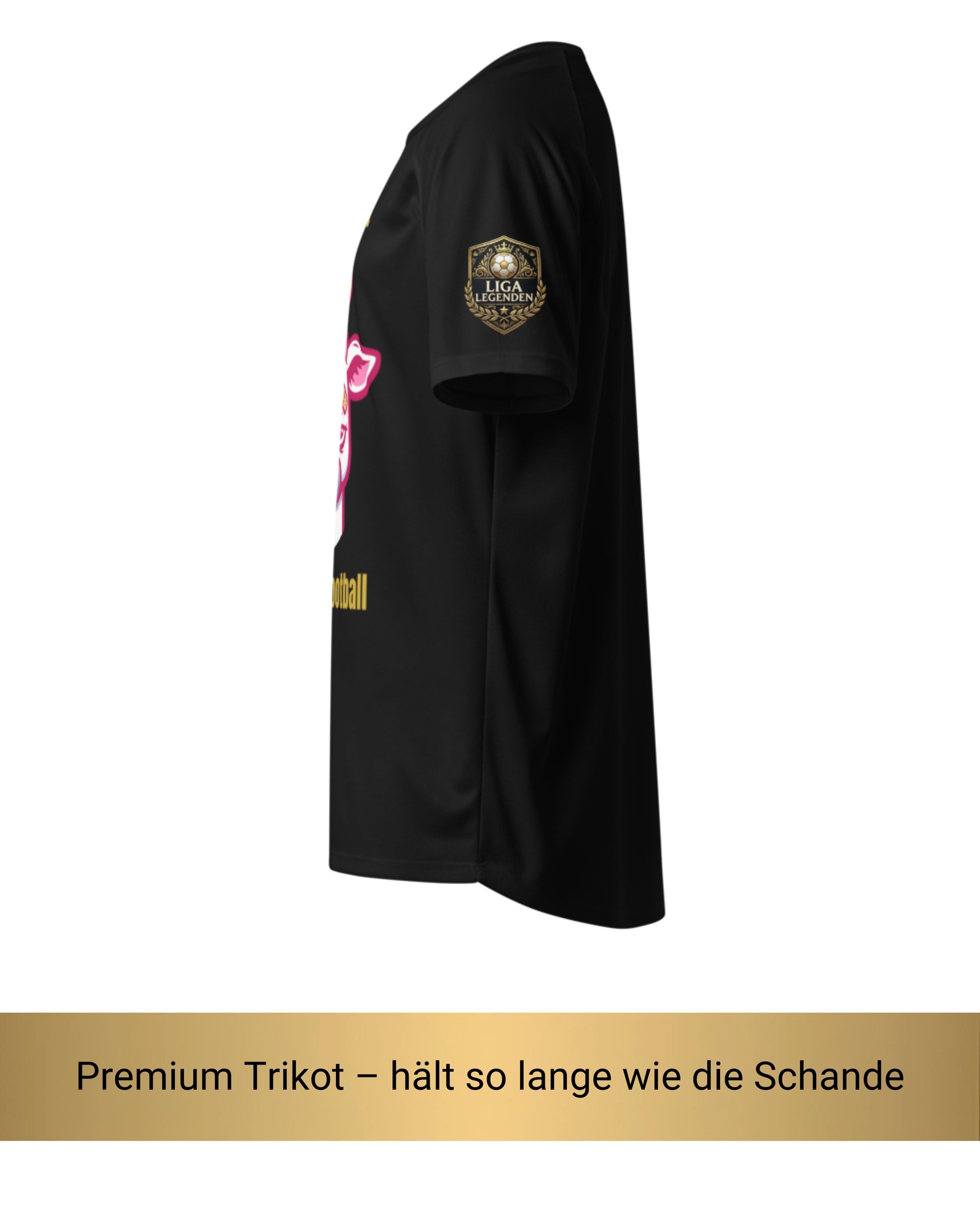 Fantasy Football Straftrikot Seitenansicht mit Liga Legenden Badge am Ärmel und DTF-Druckdetail