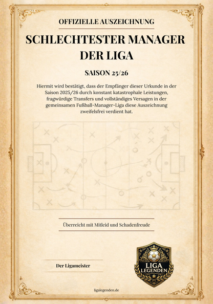 Urkunde Schlechtester Manager der Liga mit Taktiktafel-Grafik und Liga Legenden Siegel auf Pergament-Design