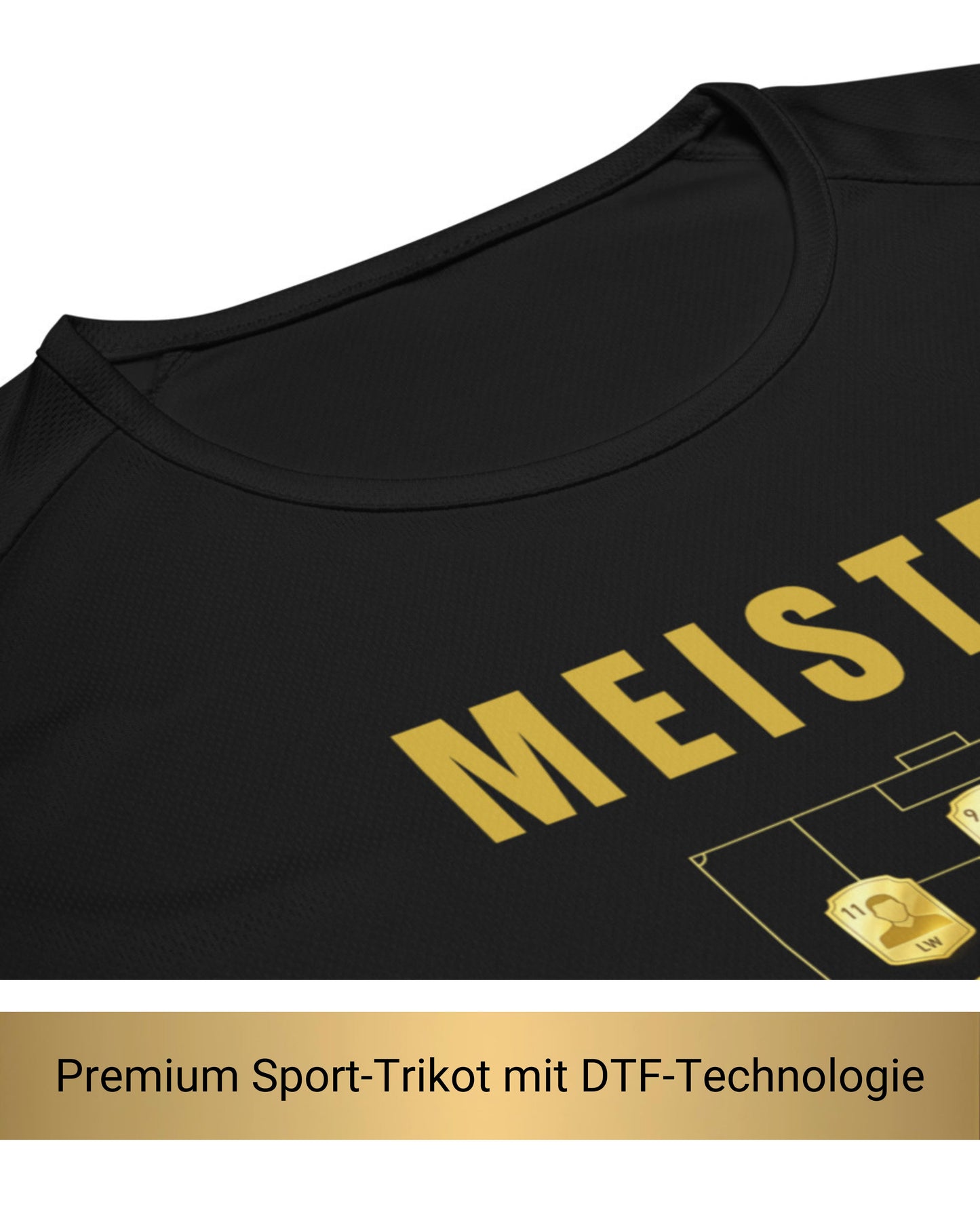 Nahaufnahme des schwarzen Sport-Trikots zeigt atmungsaktives Mesh-Material und goldenen DTF-Druck der Aufstellung, USP-Zeile Premium Sport-Trikot mit DTF-Technologie
