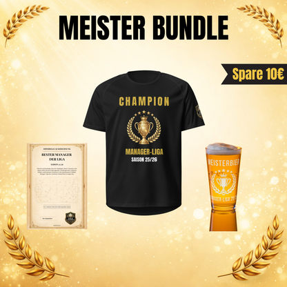 Meister Bundle mit Champion Trikot, Meisterbierglas und Bester Manager Urkunde auf goldenem Hintergrund mit Lorbeerkranz